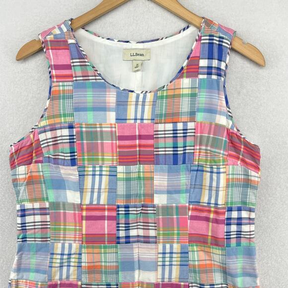 LL BEAN Dress 10P Petite Madras Patchwork Plaid Sleeveless Mini Sheath Blue - Picture 3 of 15